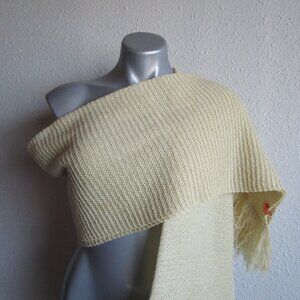 Knit shawl beige with gold threads. 6ftx2ft shoulder wrap with yarn fringe